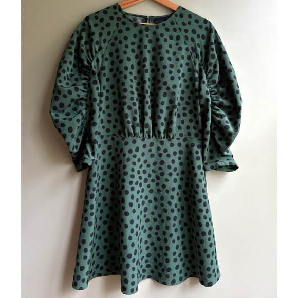 Women's Small Polka Dot Puff Sleeve Dress Green Black Retro Modest Fit & Flare - Picture 2 of 13